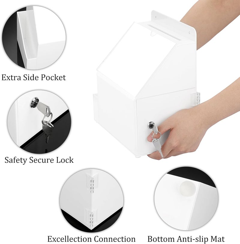 BTSKY Acrylic Suggestion Box with Lock Wall Mounted Acrylic Donation Box with 5"x7" Sign Slot Office Ballot Boxes with Side-Pocket Collection Boxes for Voting Locking Suggestion Mailbox, White - Image 5